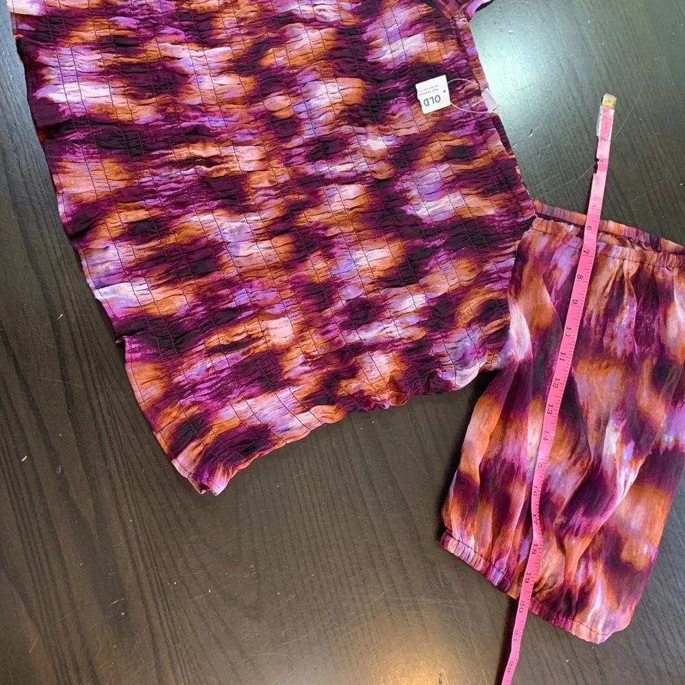 Old Navy Womens XL Purple Smocked Sheer Tie Dye Puff Sleeve‎ Square Neck Top